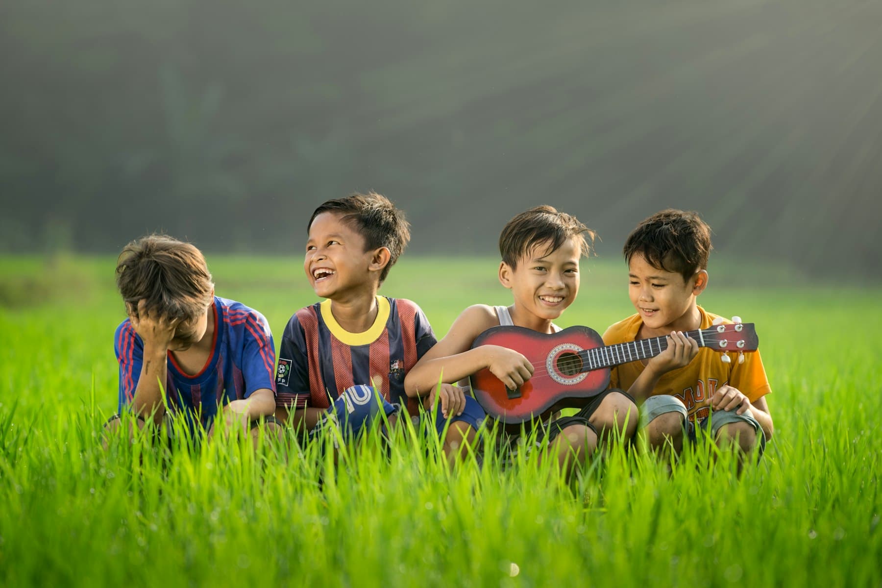 Four boys sitting in long grass, laughing, one holding a guitar